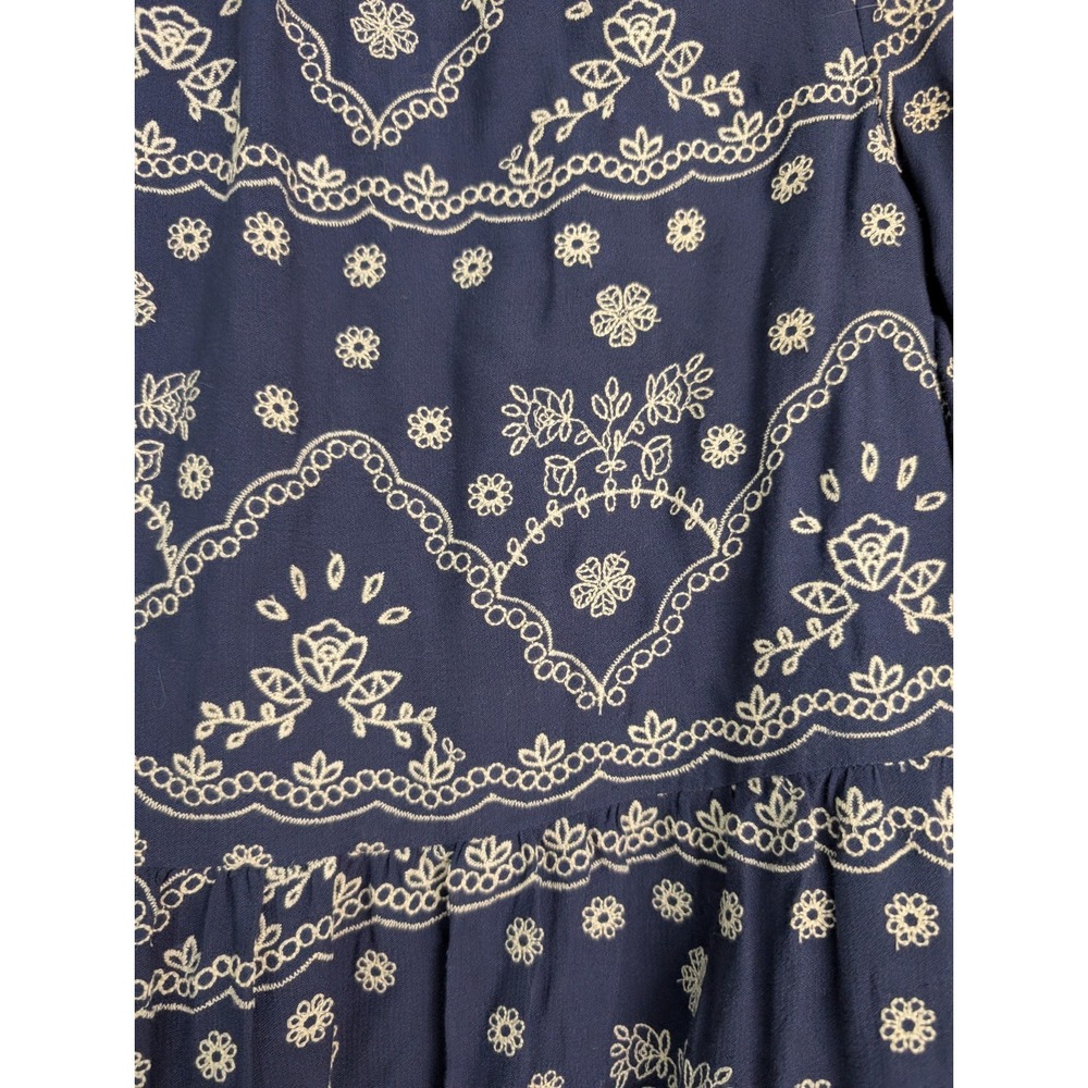 Floral Embroidered Mini Smock Dress with Flare Flowly Sleeve Sz M Navy White - Picture 3 of 5